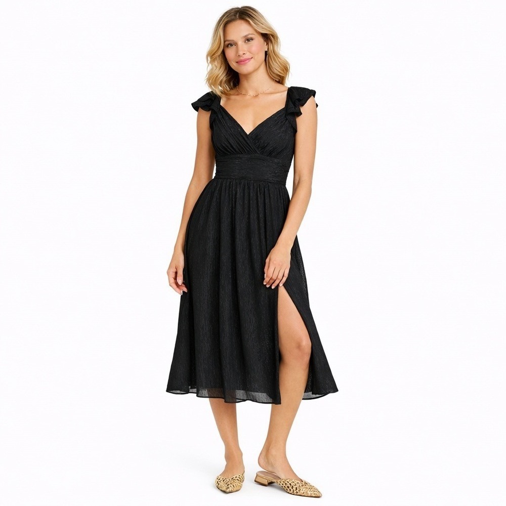 Francesca's Juliette Ruffle Sleeve Midi Dress Black Flutter Sleeve Cocktail M